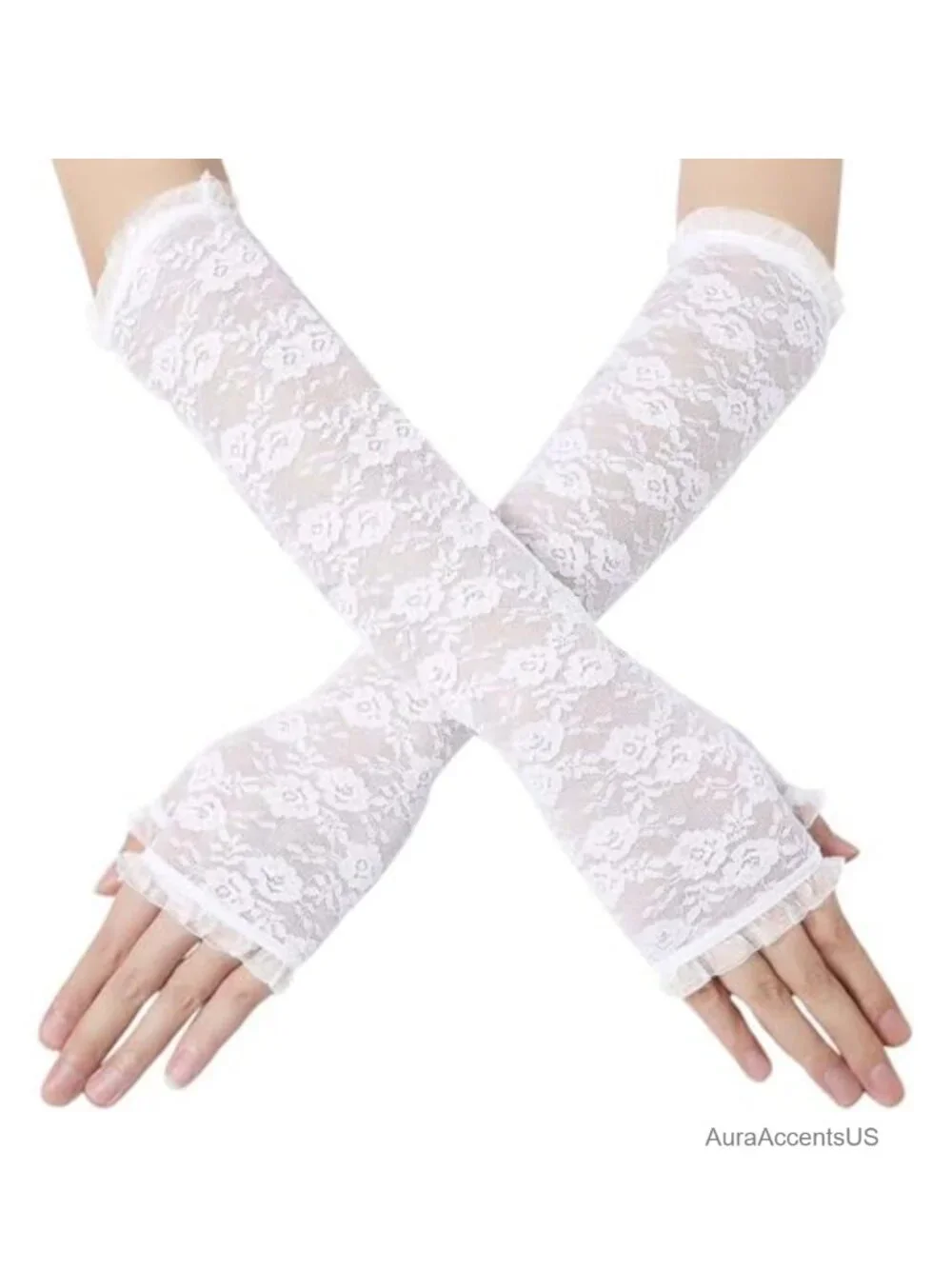 Black Fingerless Lace Long Bridal Gloves Floral UV Protection Party Prom